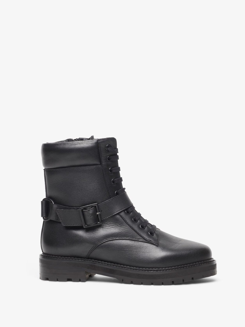 Black Wide Fit Buckle Detail Leather Biker Boots