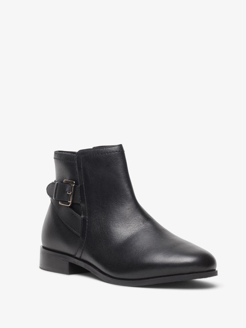 Wide Fit Black Leather Buckle Detail Leather Ankle Boots