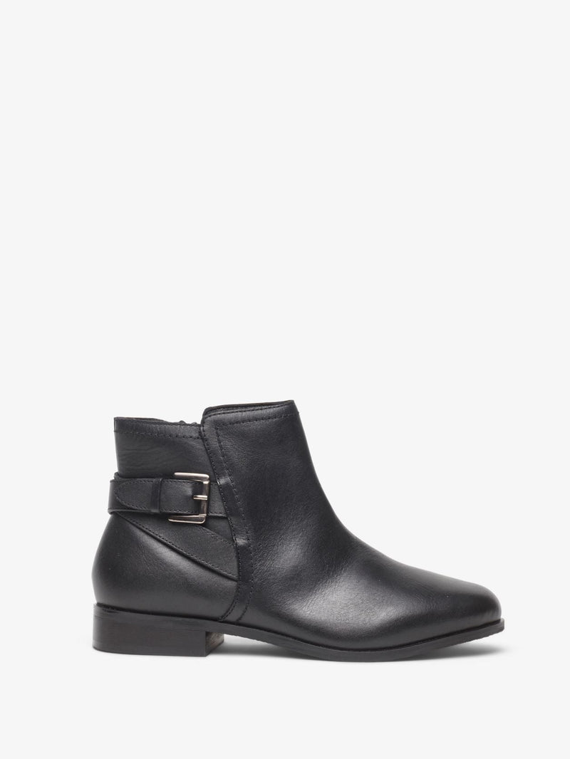 Wide Fit Black Leather Buckle Detail Leather Ankle Boots