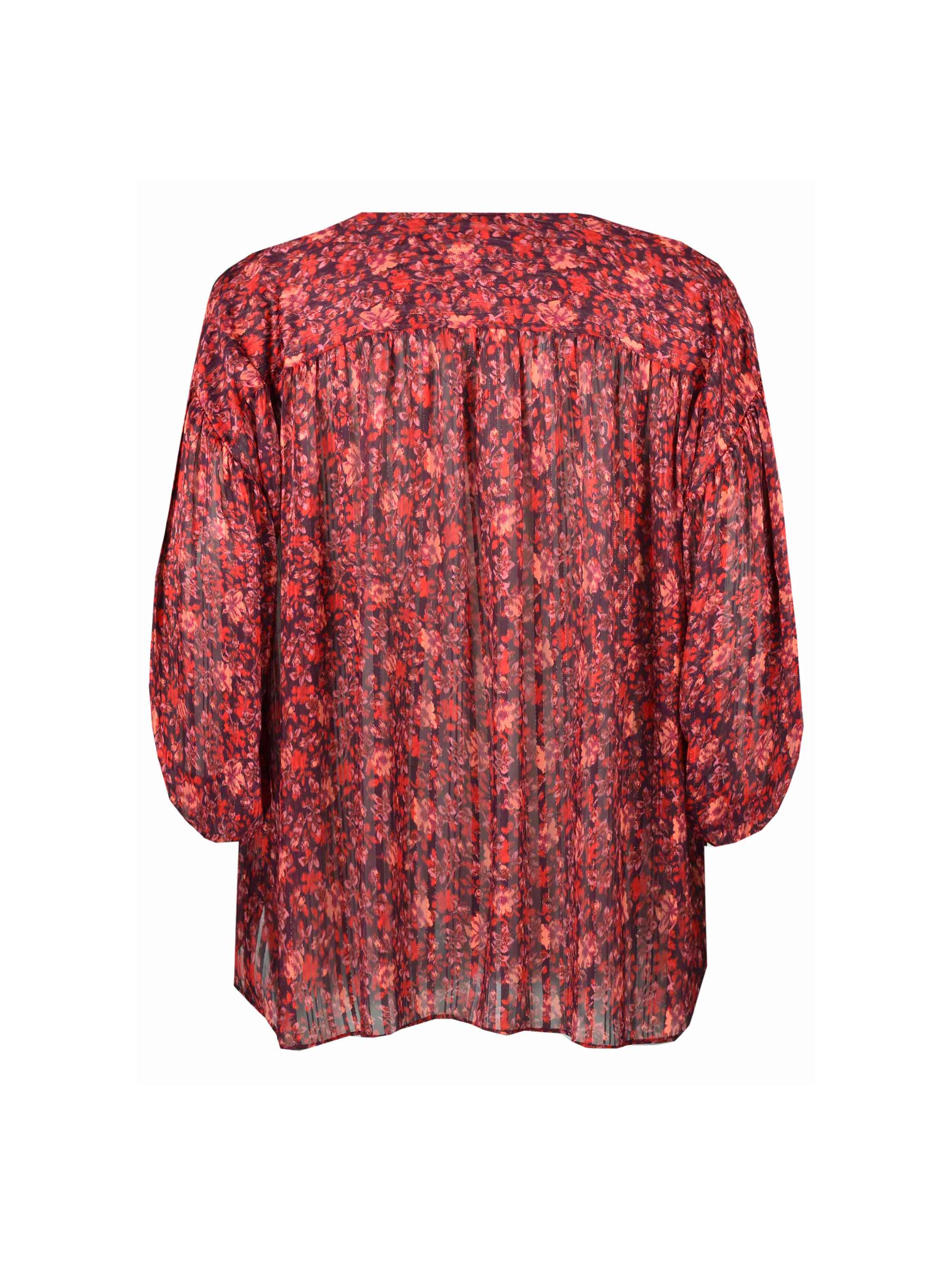 Red Floral Lurex Stripe Ruffle Sleeve Blouse