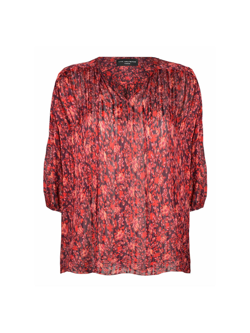 Red Floral Lurex Stripe Ruffle Sleeve Blouse