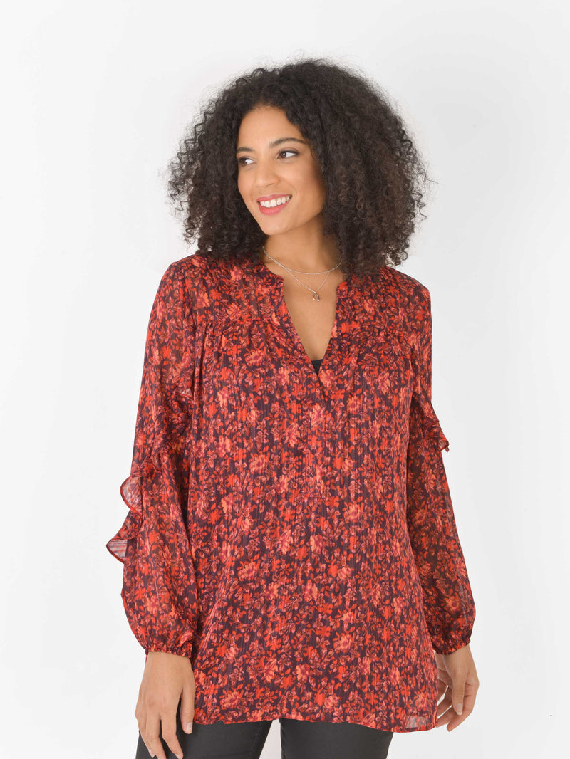 Red Floral Lurex Stripe Ruffle Sleeve Blouse