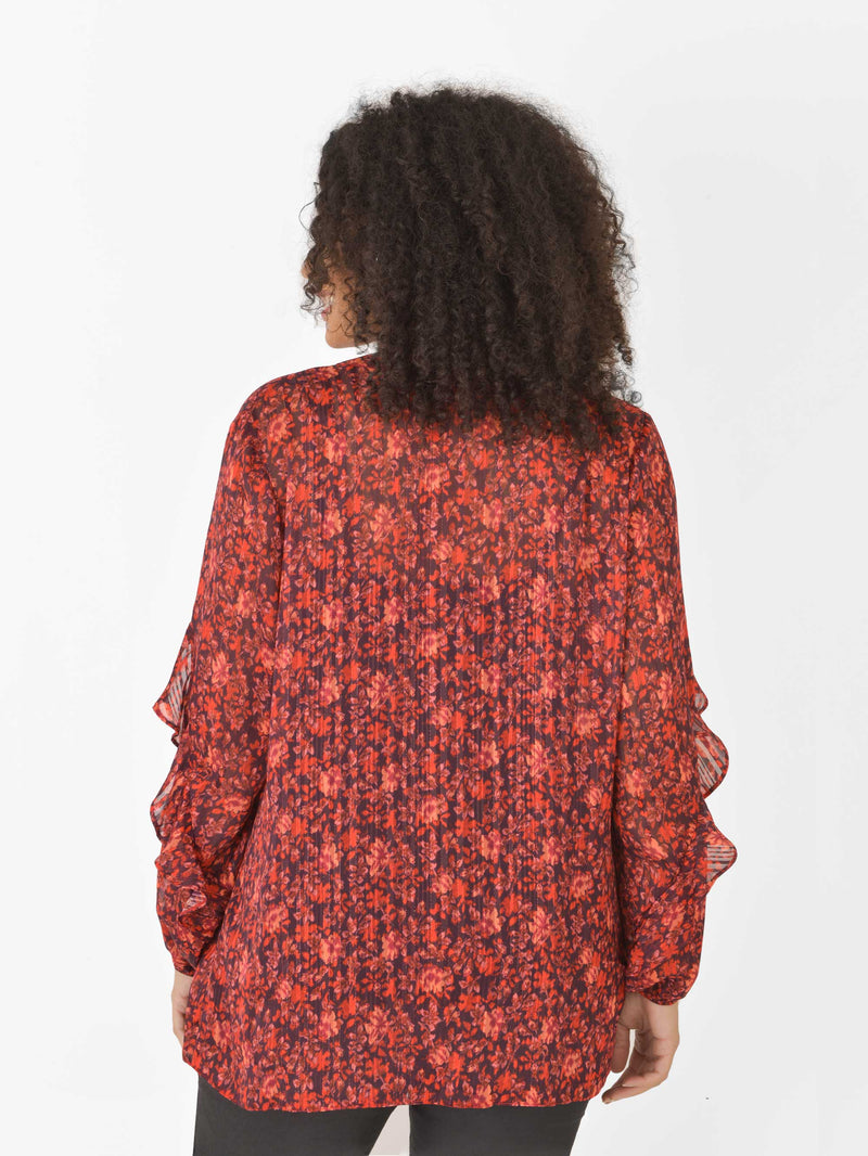 Red Floral Lurex Stripe Ruffle Sleeve Blouse