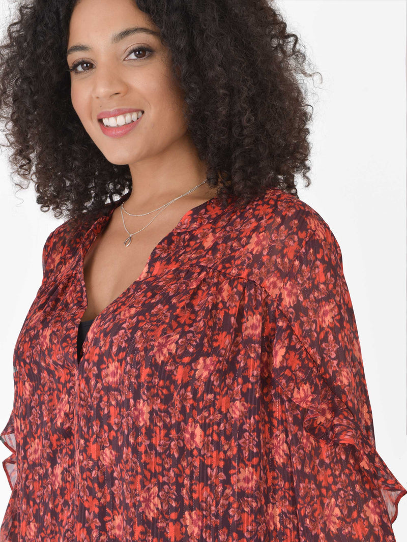Red Floral Lurex Stripe Ruffle Sleeve Blouse