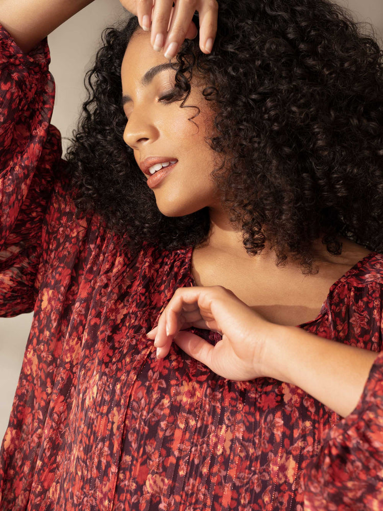 Red Floral Lurex Stripe Ruffle Sleeve Blouse