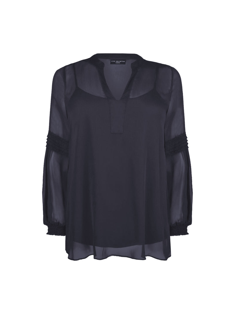 Black Spot Pleat Sleeve Blouse