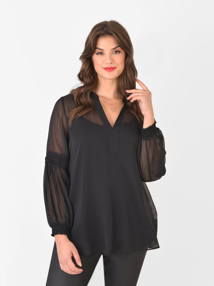Black Spot Pleat Sleeve Blouse