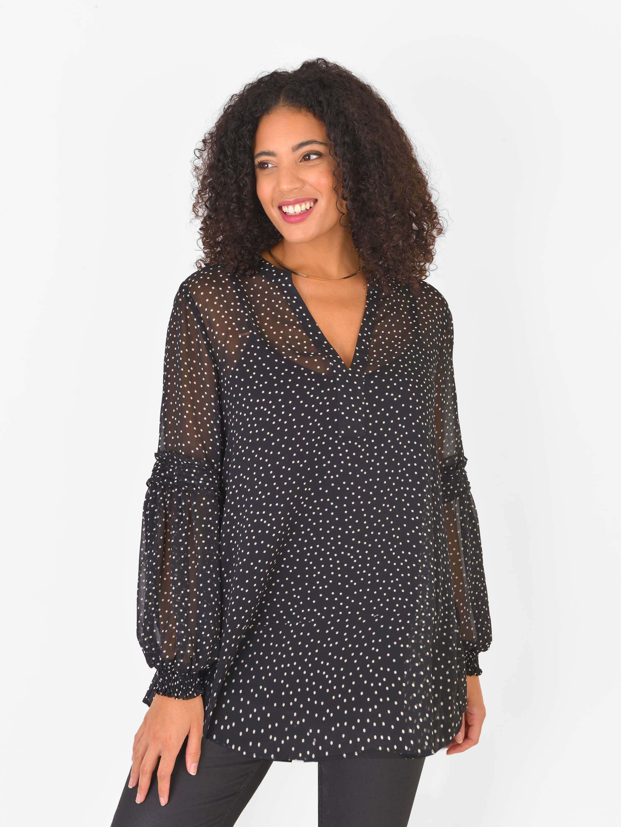 Black Spot Pleat Sleeve Blouse