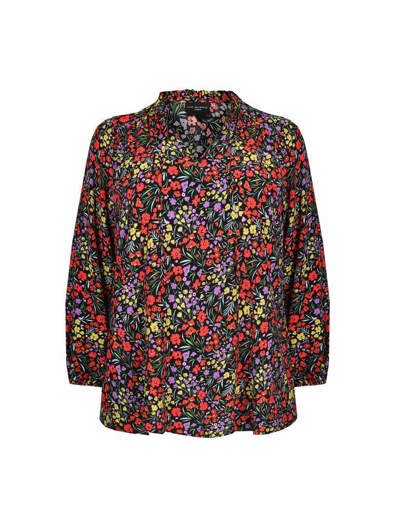 Red Ditsy Tie Neck Top