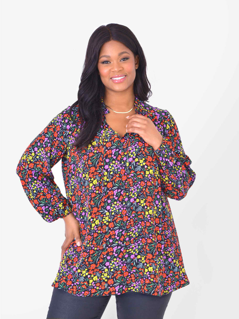 Red Ditsy Tie Neck Top