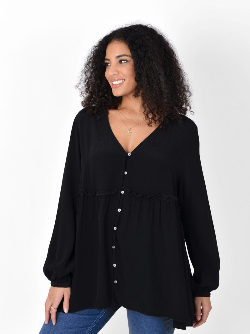 Black Button Through Smock Top