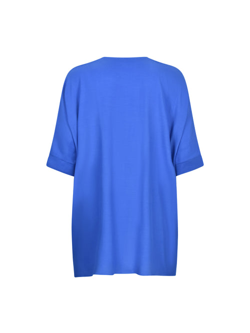 Blue Boxy Kimono Sleeve Blouse With Pockets