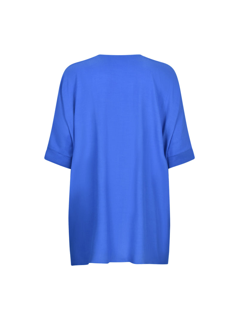 Blue Boxy Kimono Sleeve Blouse With Pockets