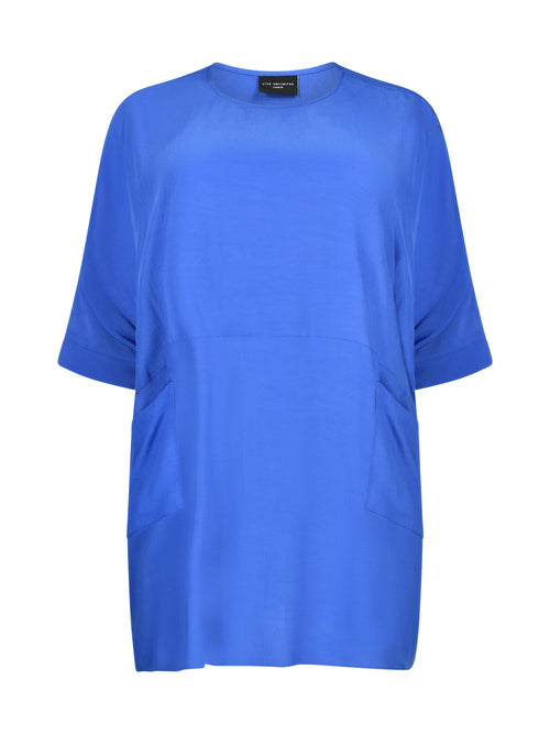 Blue Boxy Kimono Sleeve Blouse With Pockets