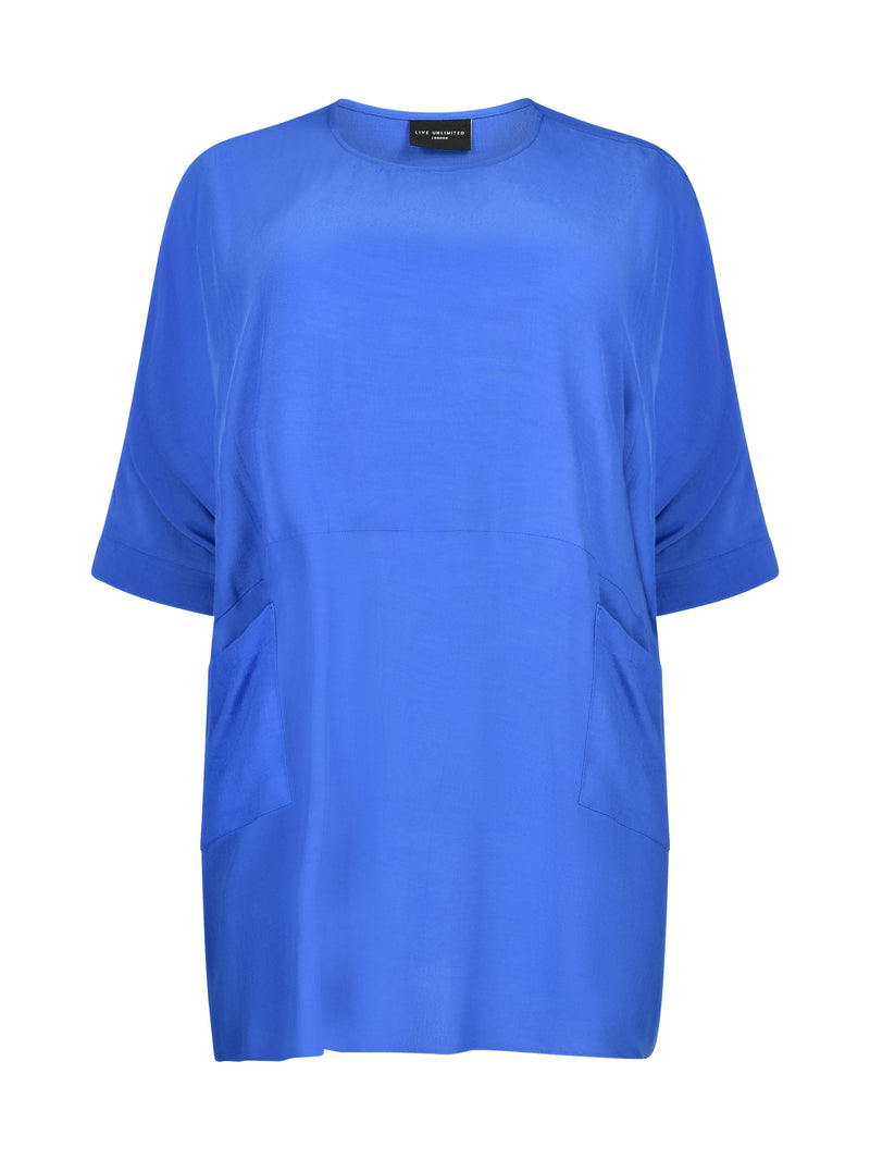 Blue Boxy Kimono Sleeve Blouse With Pockets