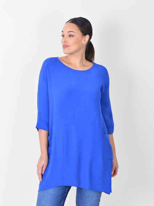 Blue Boxy Kimono Sleeve Blouse With Pockets