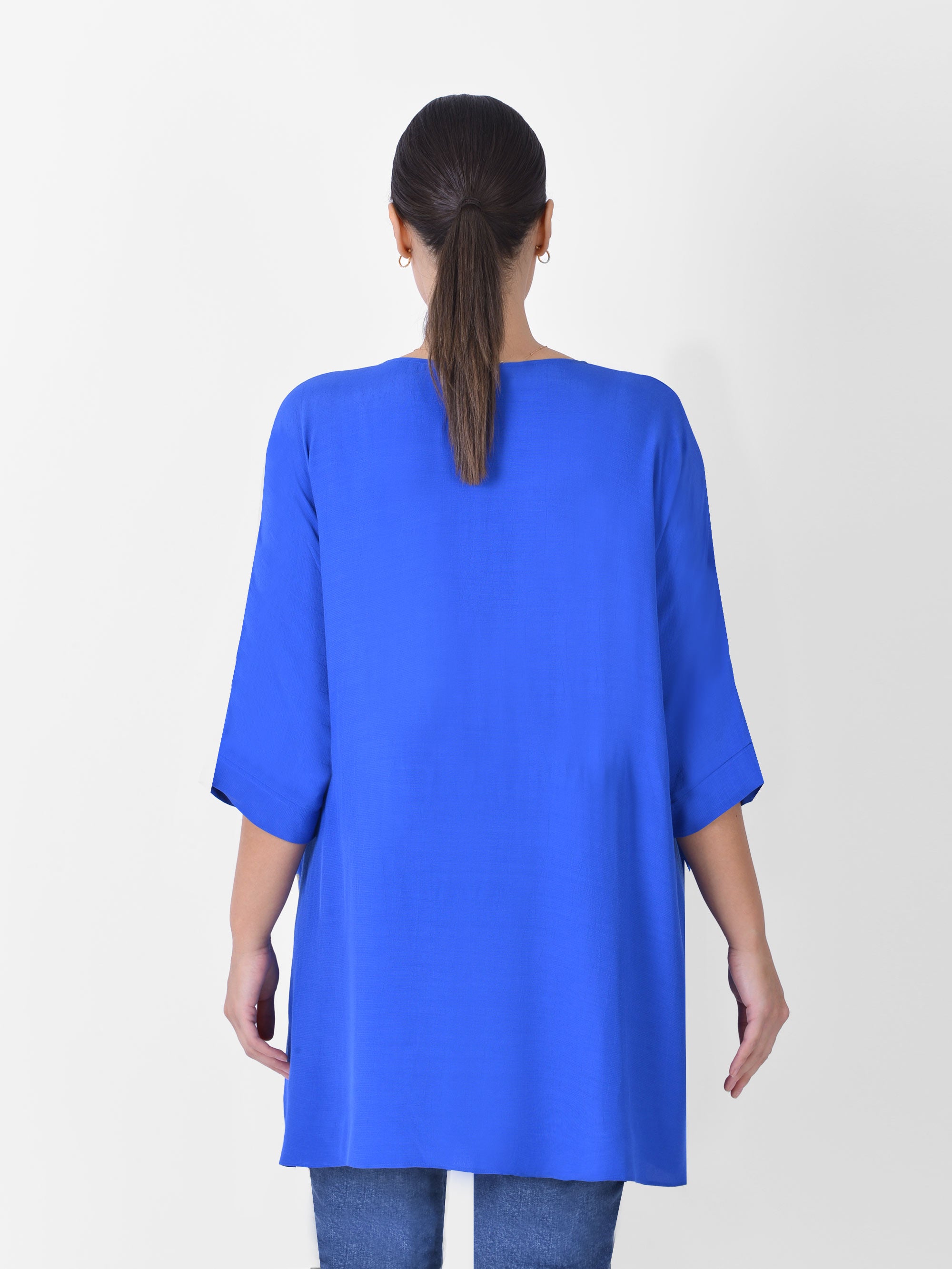 Blue Boxy Kimono Sleeve Blouse With Pockets
