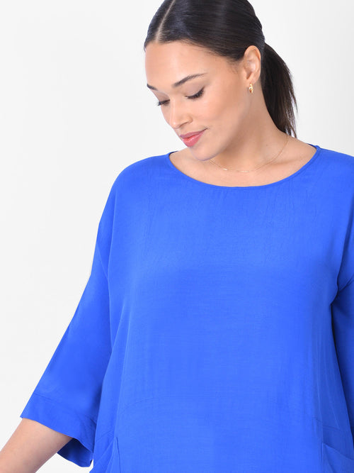 Blue Boxy Kimono Sleeve Blouse With Pockets