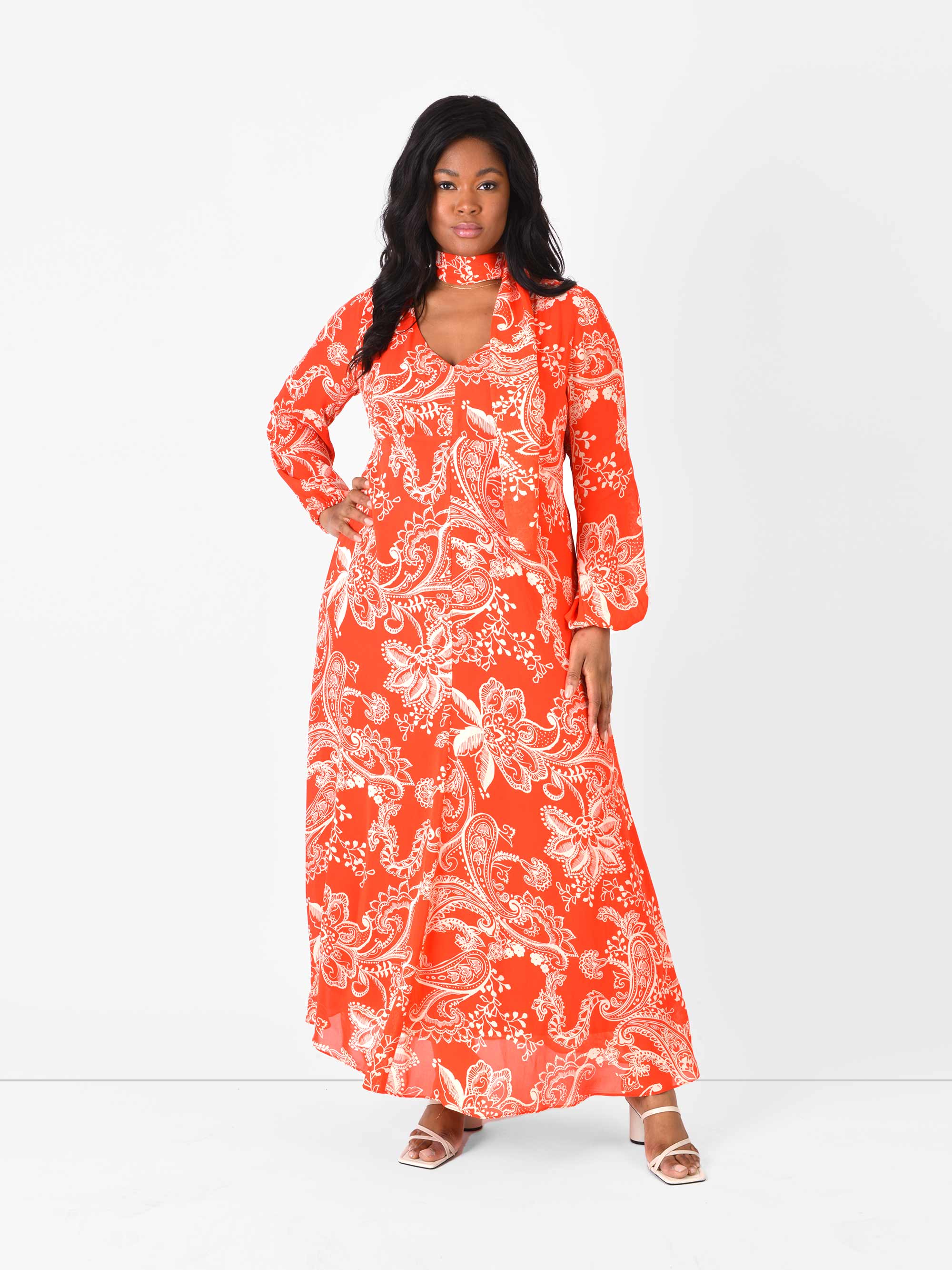 Red Floral Blouson Sleeve Maxi Dress