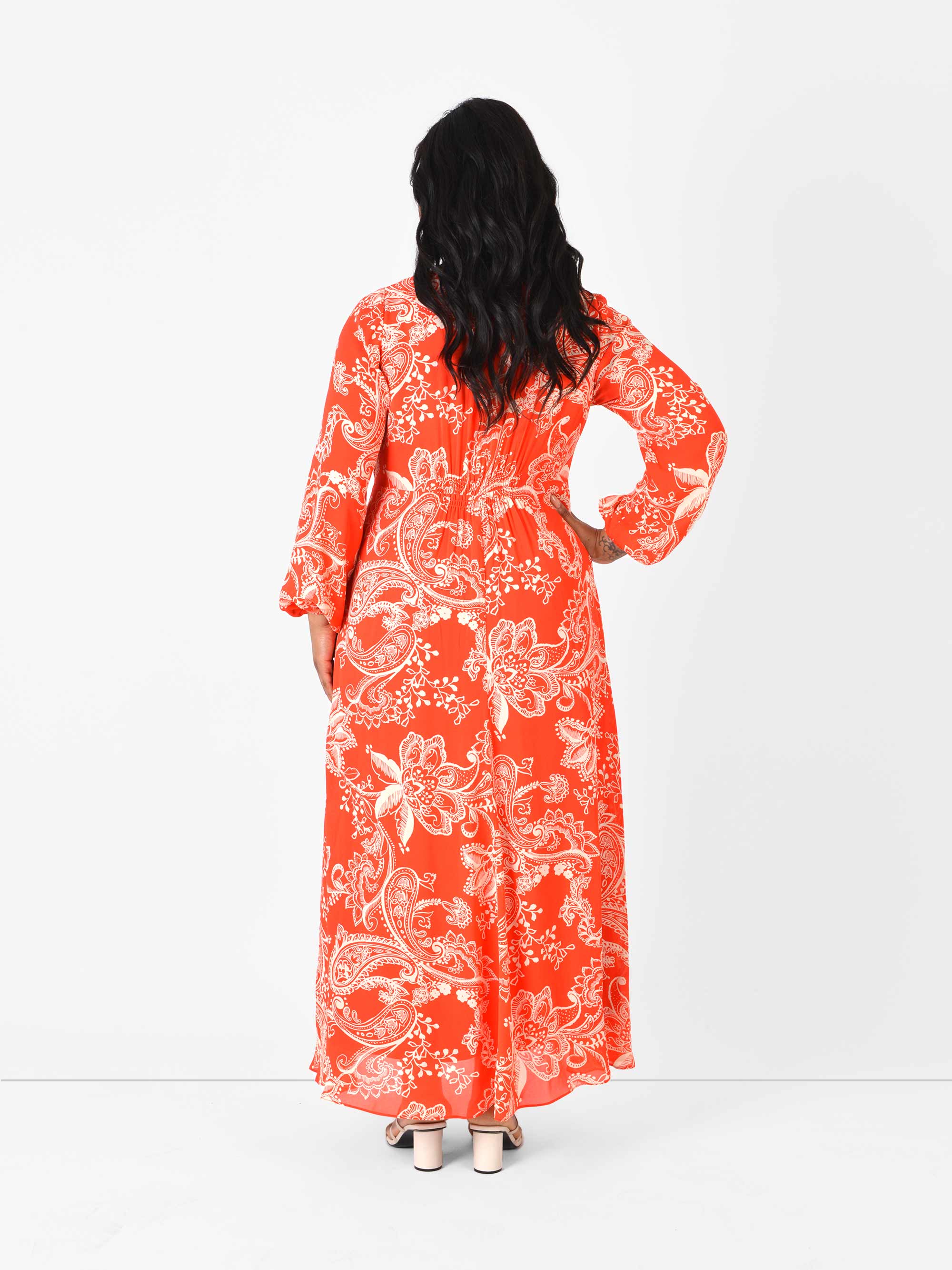 Red Floral Blouson Sleeve Maxi Dress