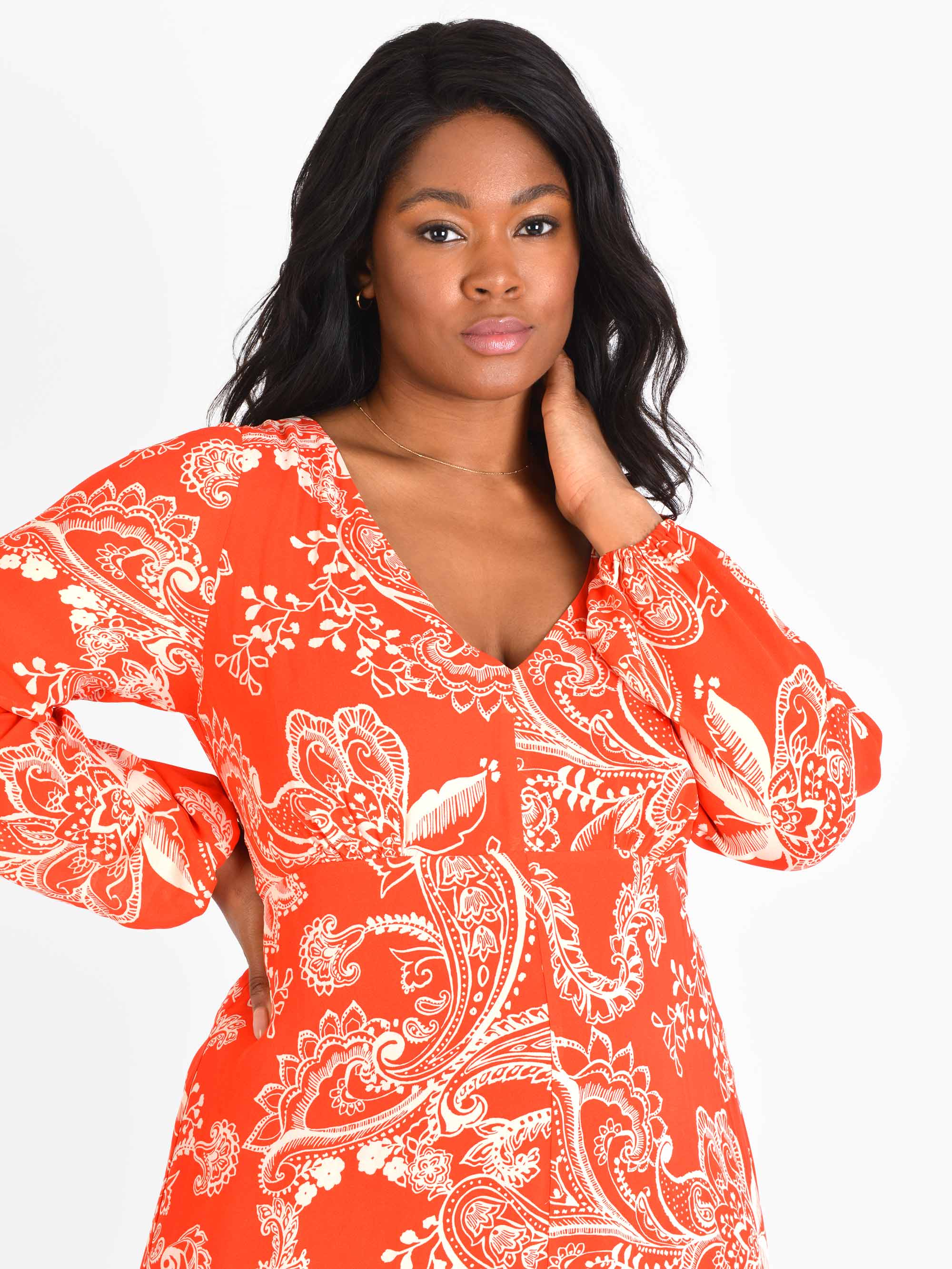 Red Floral Blouson Sleeve Maxi Dress