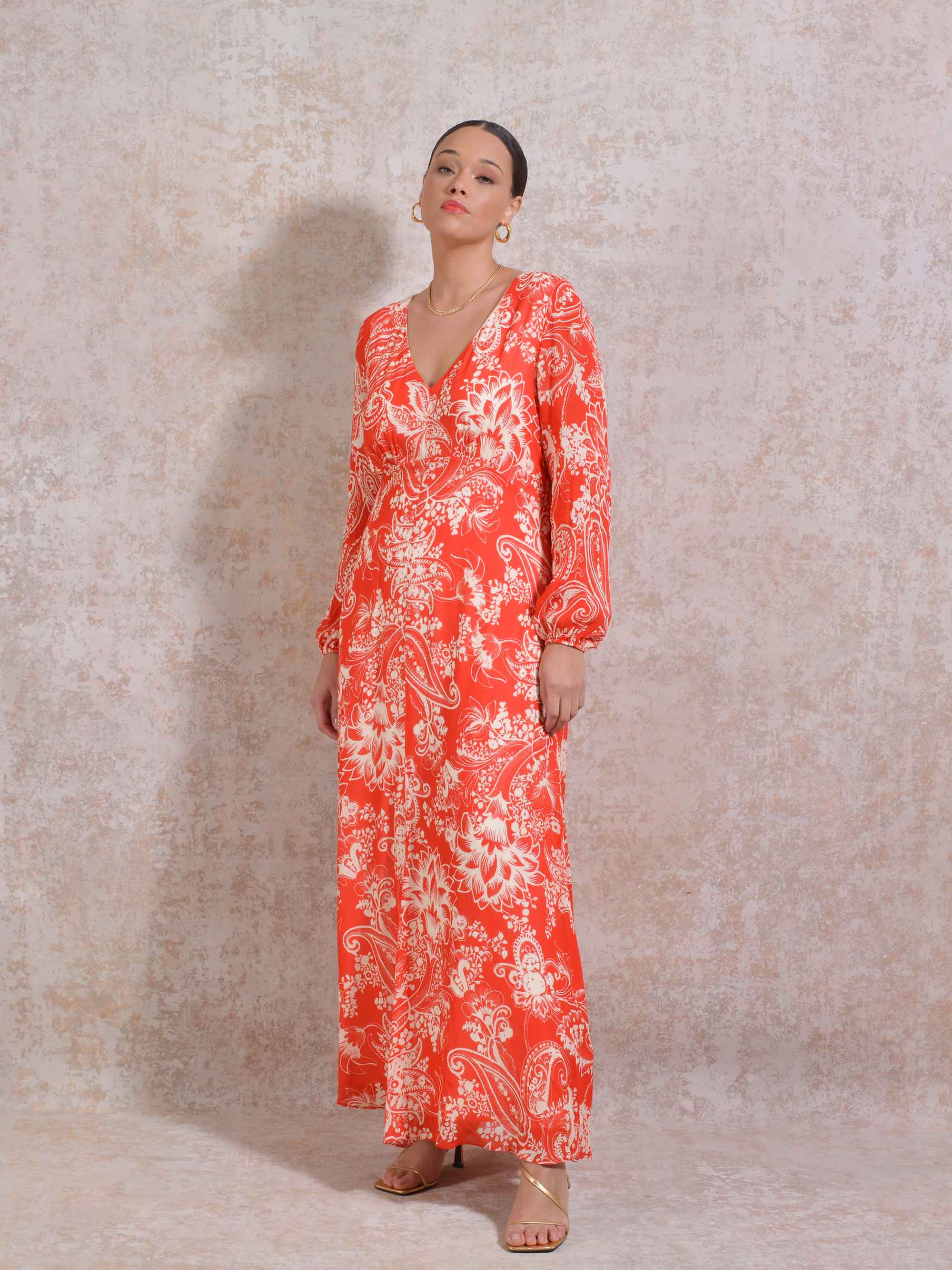 Red Floral Blouson Sleeve Maxi Dress