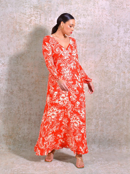 Red Floral Blouson Sleeve Maxi Dress