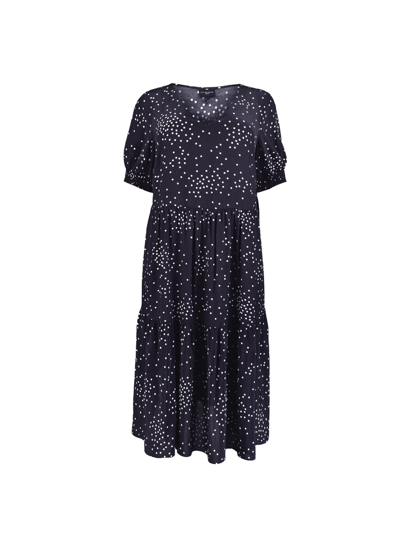 Mono Spot Shirred Cuff Midi Dress