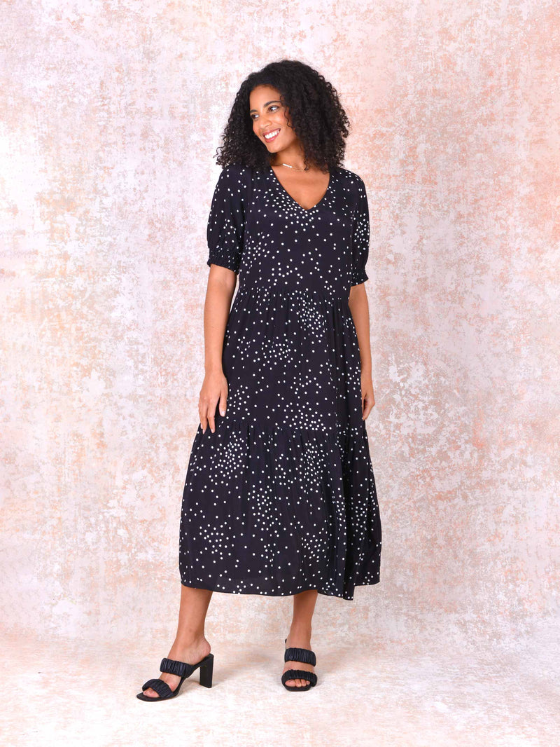 Mono Spot Shirred Cuff Midi Dress