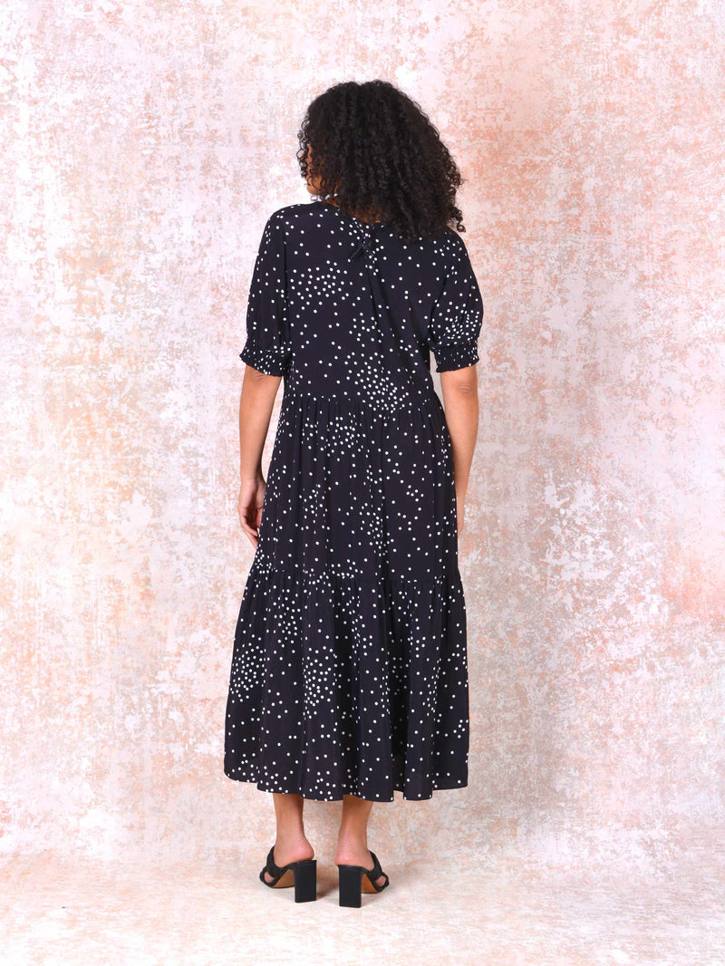 Mono Spot Shirred Cuff Midi Dress