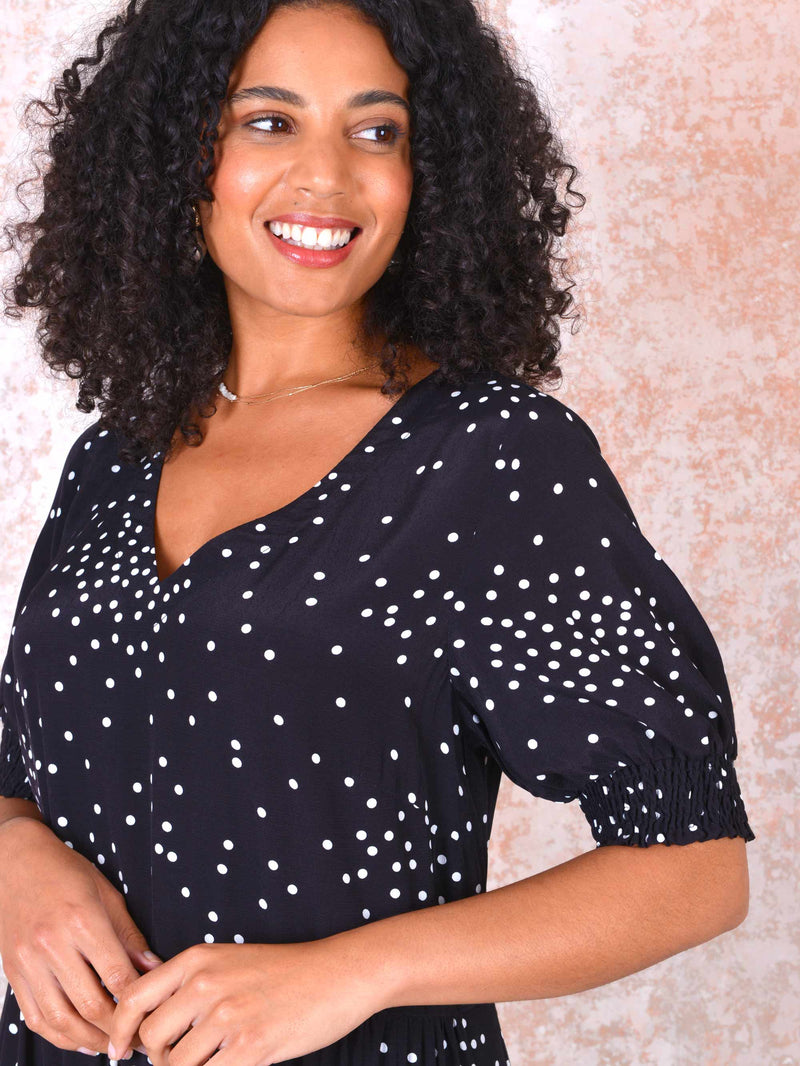 Mono Spot Shirred Cuff Midi Dress