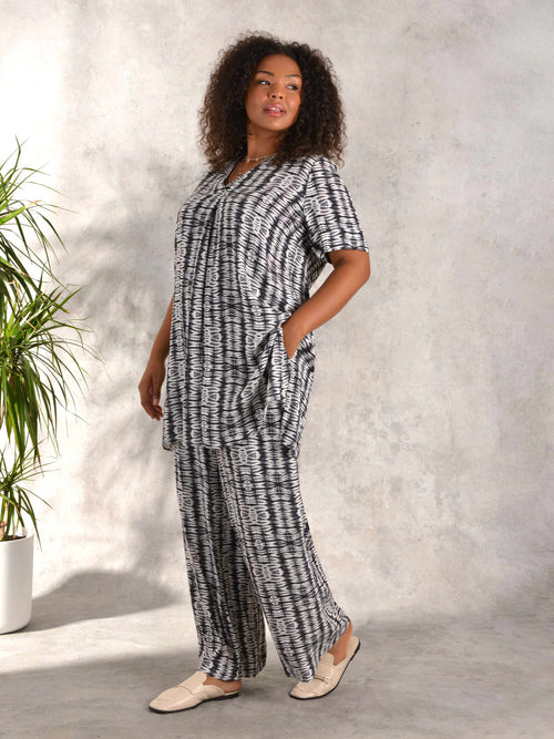 Charcoal Tribal Print Trouser With Pockets - Leg Lengths Available