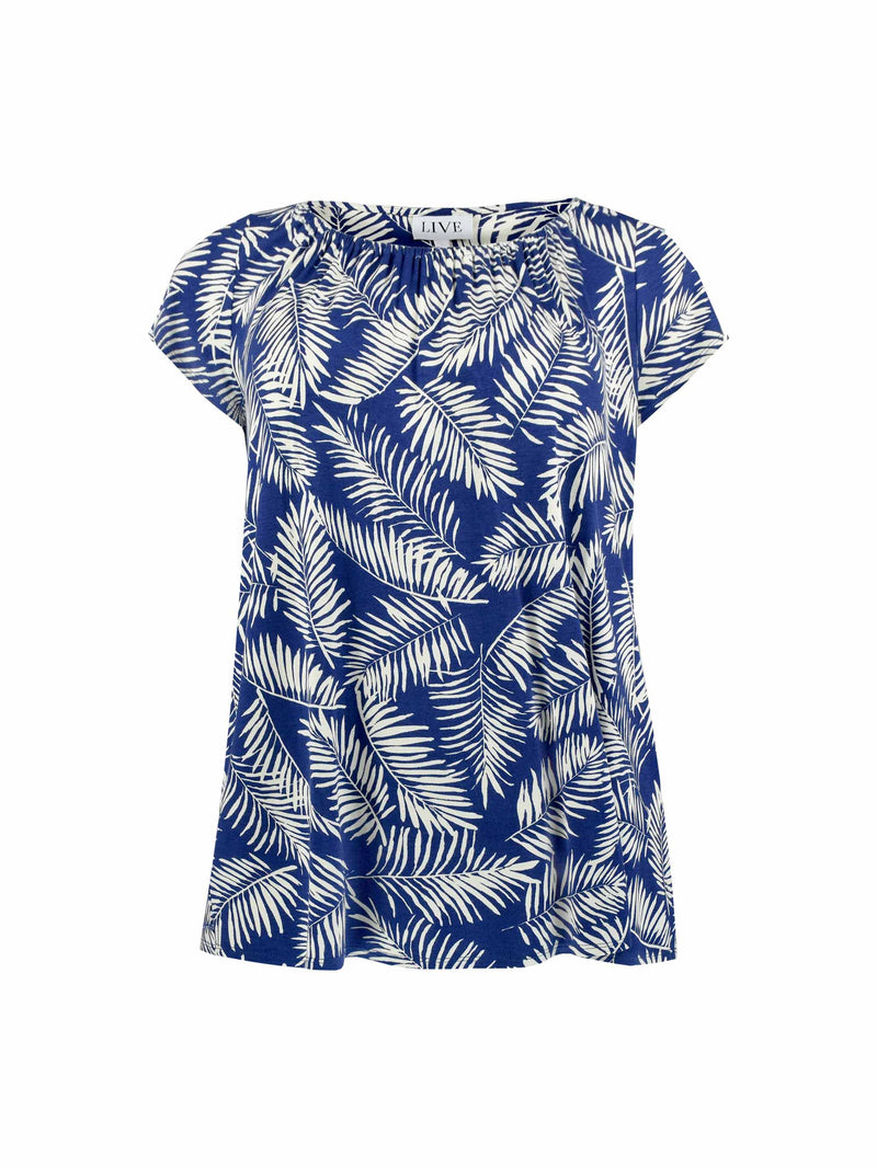 Blue Gathered Neck Jersey Top