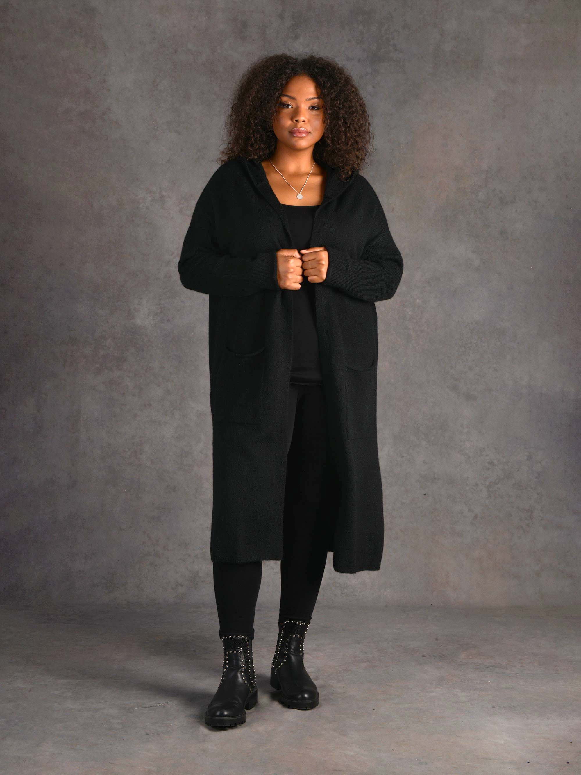 Black Long Line Hooded Cardigan