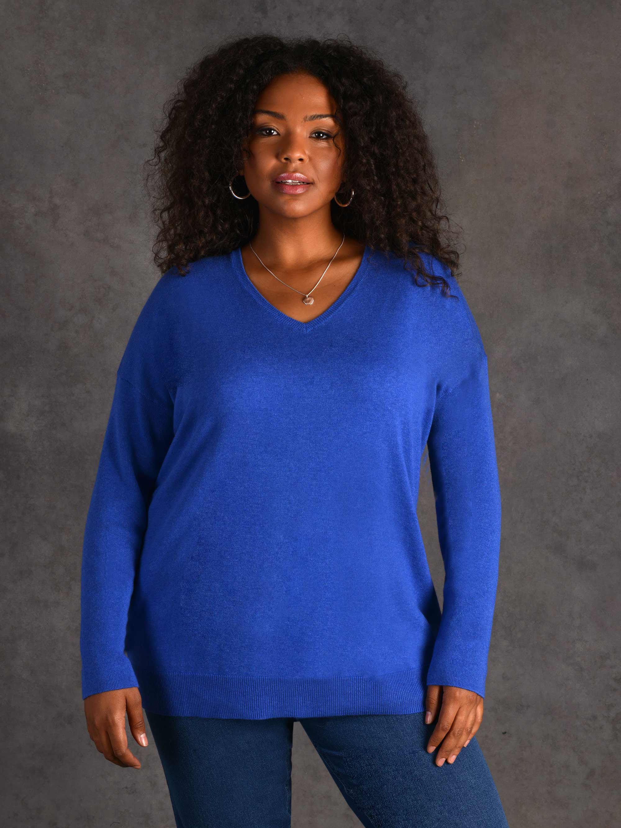 Bright Blue Relaxed V-Neck Knitted Jumper