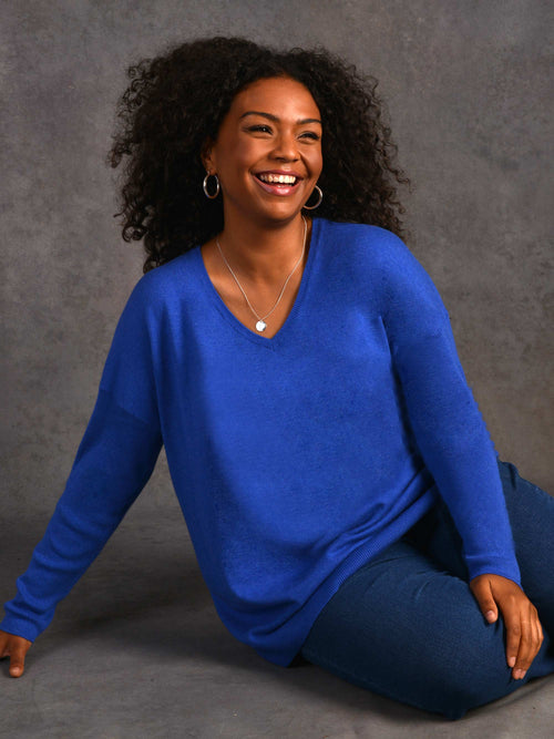 Bright Blue Relaxed V-Neck Knitted Jumper