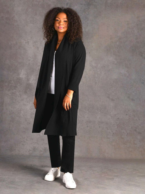 Black Shawl Textured Knitted Cardigan