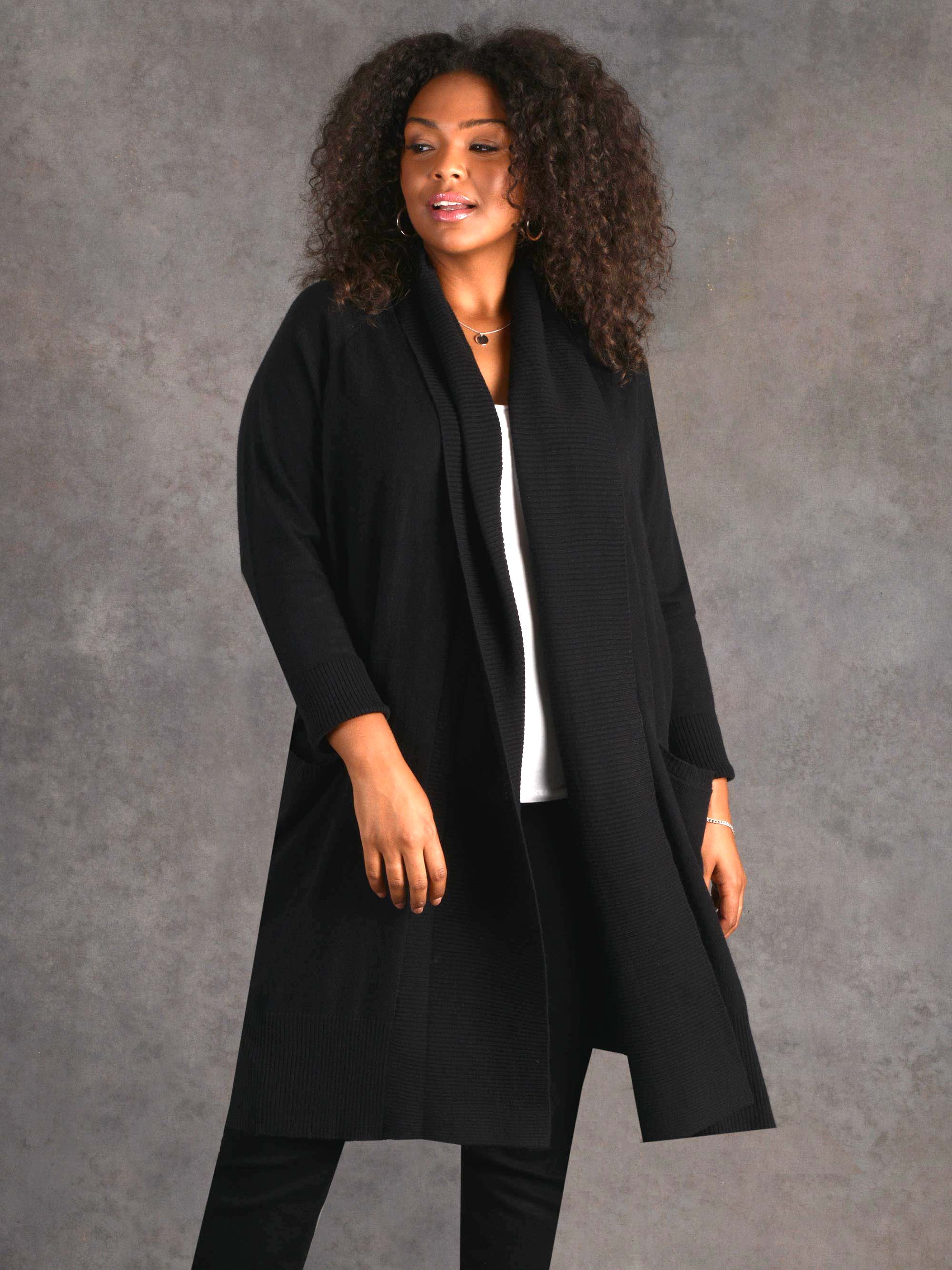 Black Shawl Textured Knitted Cardigan