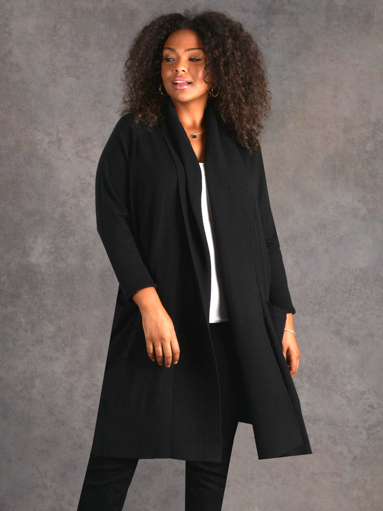 Black Shawl Textured Knitted Cardigan