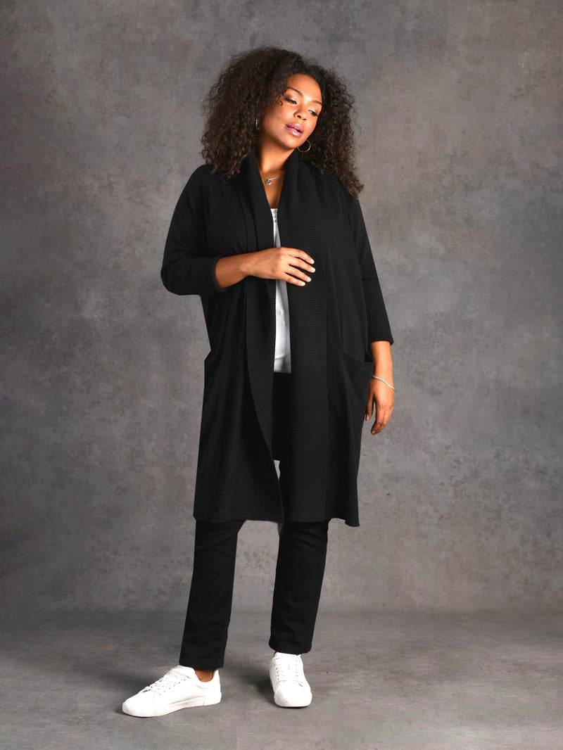 Black Shawl Textured Knitted Cardigan