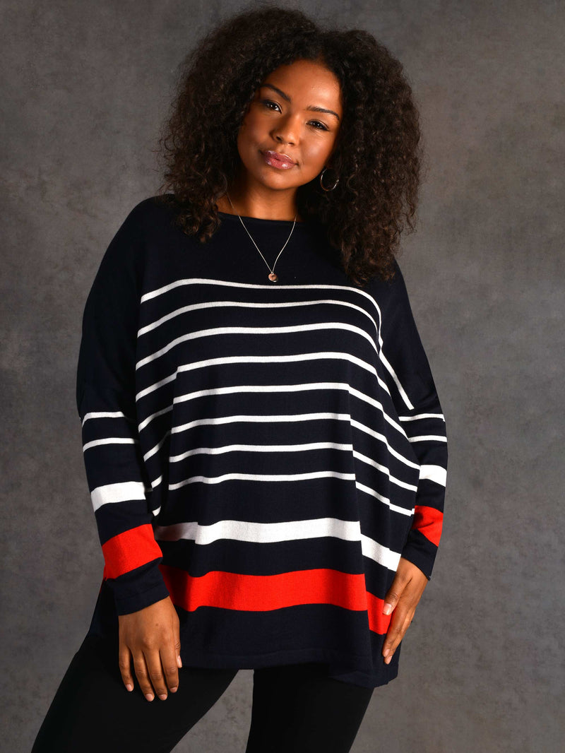 Navy, Ivory and Red Stripe Relaxed Jumper