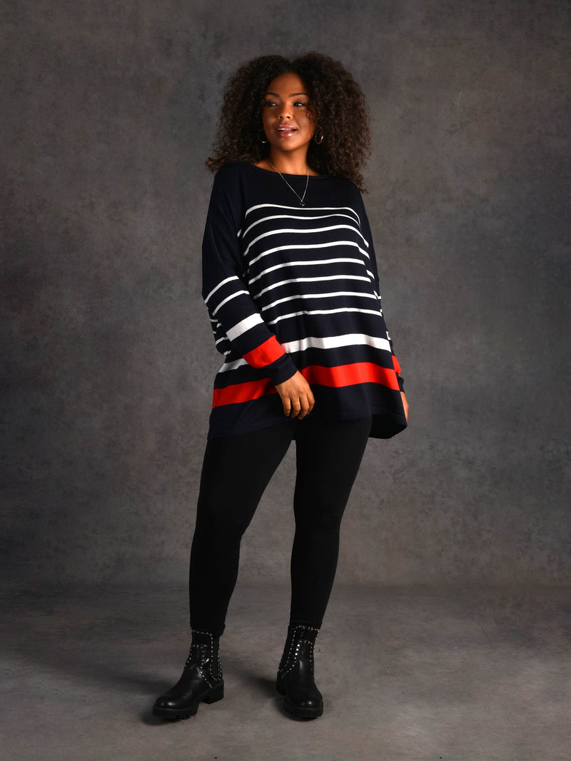 Navy, Ivory and Red Stripe Relaxed Jumper
