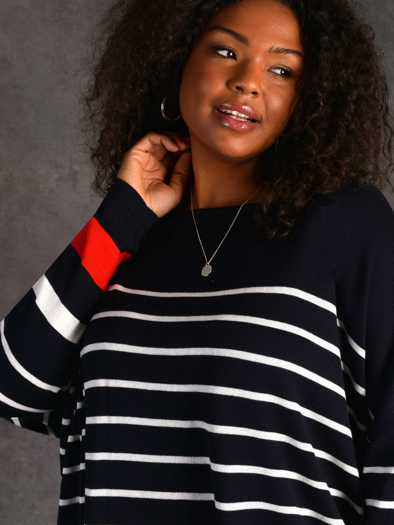 Navy, Ivory and Red Stripe Relaxed Jumper