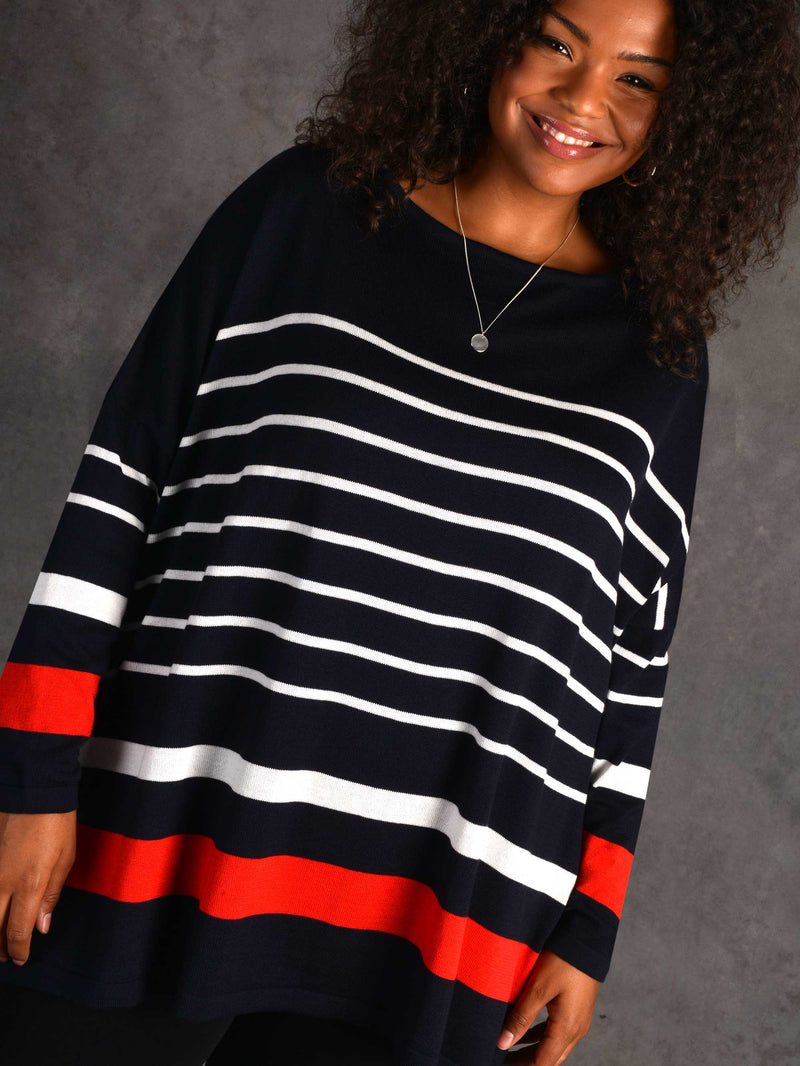 Navy, Ivory and Red Stripe Relaxed Jumper