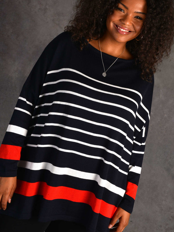 Navy, Ivory and Red Stripe Relaxed Jumper