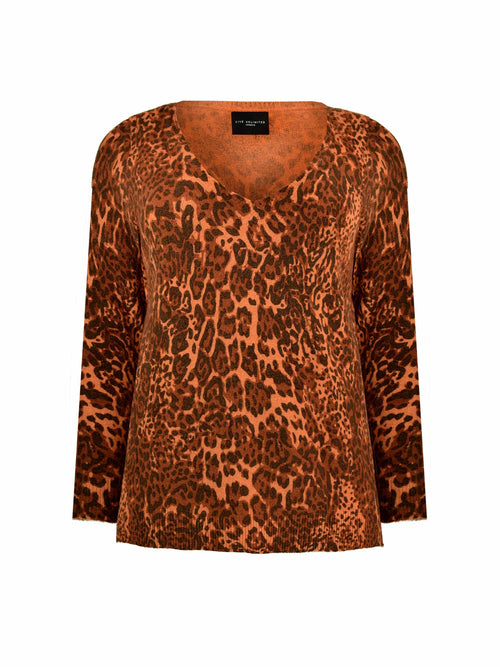 Animal Print Relaxed V-Neck Knitted Jumper