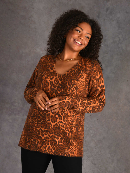 Animal Print Relaxed V-Neck Knitted Jumper