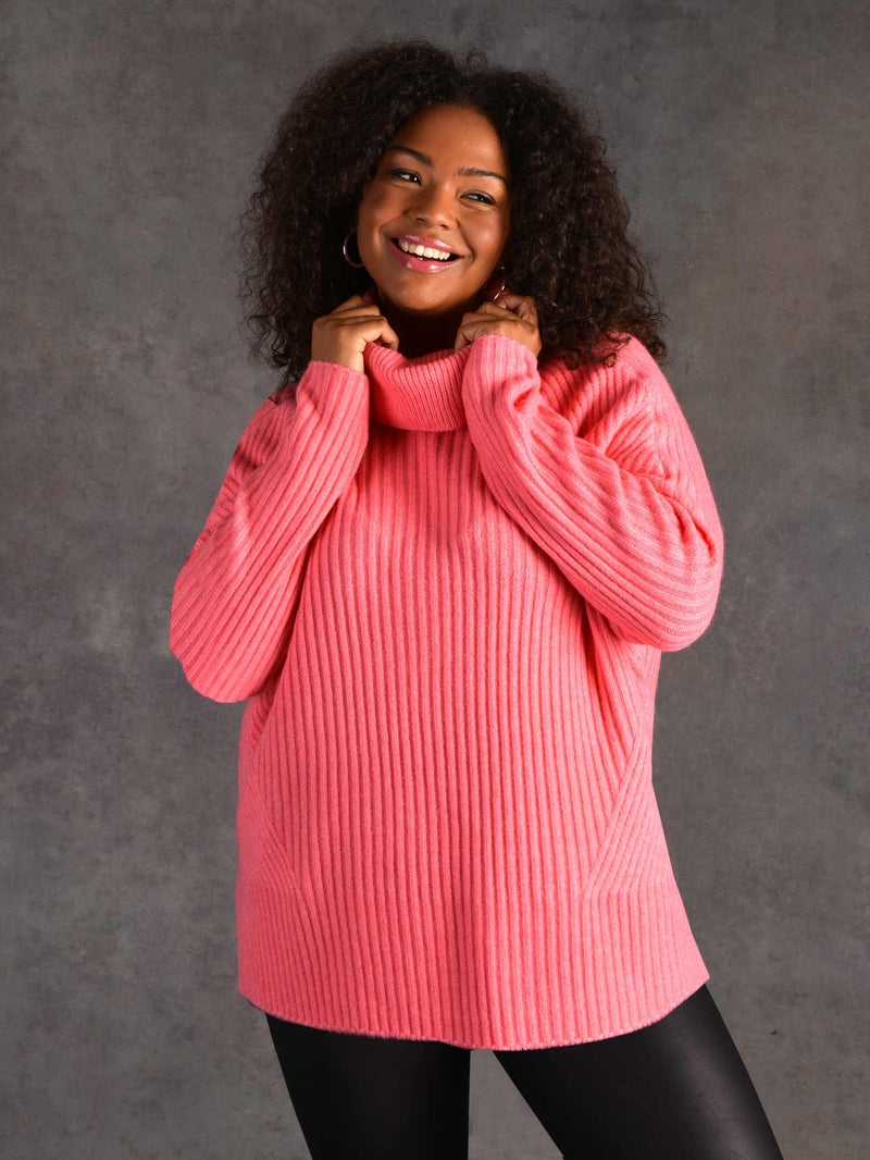 Pink Rib Roll Neck Jumper