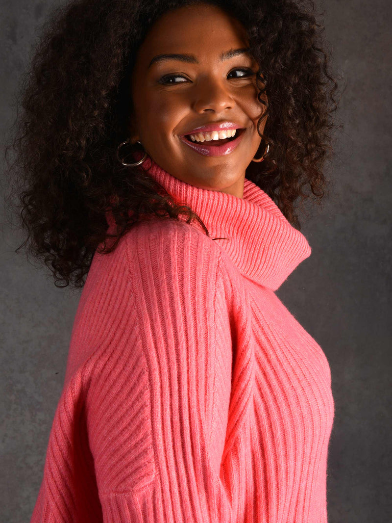 Pink Rib Roll Neck Jumper