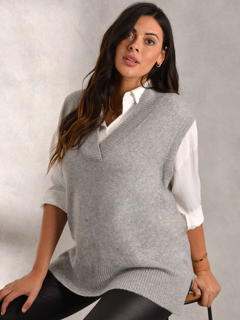 Grey V-Neck Knitted Longline Vest